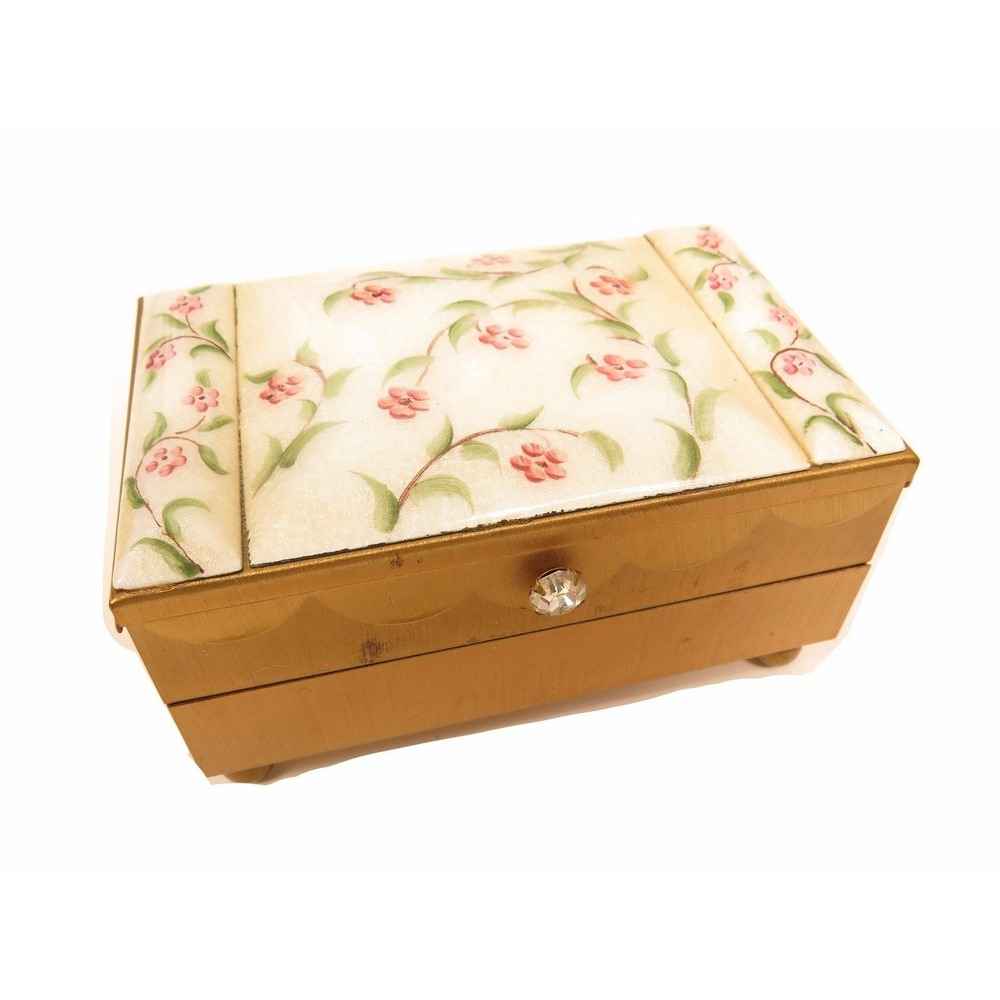 ANTIQUE RARE PINK FLOWERS GREEN LEAVES GUILLOCHE ENAMEL TIERED JEWELRY BOX